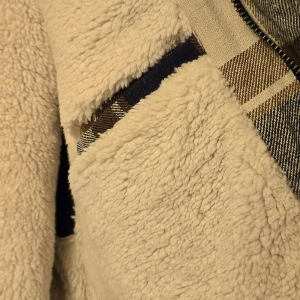 Levis Mens Hooded Flannel Sherpa Lined Plaid Shirt Jacket Tan Brown Blue Large - Picture 6 of 8